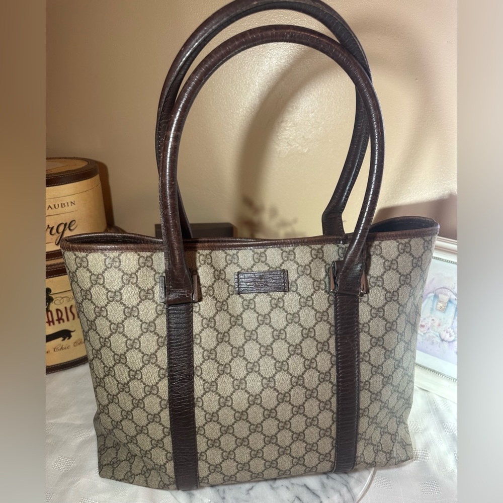 Gucci Brown GG supreme Joy Tote Bag Canvas Leather shoulder bag 114288 w/ COA